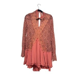Free People Rose Lace Cutout Mini Dress Boho Festival Long Sleeve Rust Pink